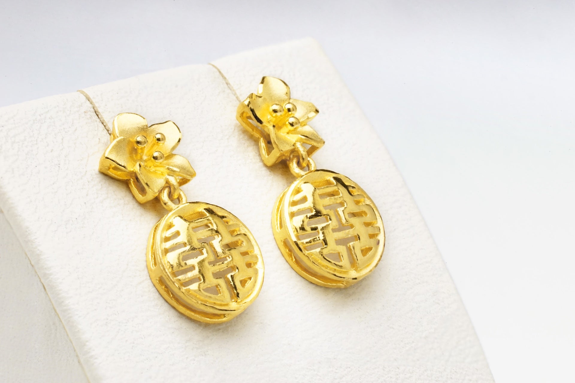 24K Pure Gold Double Happiness Blossom Drop Earrings