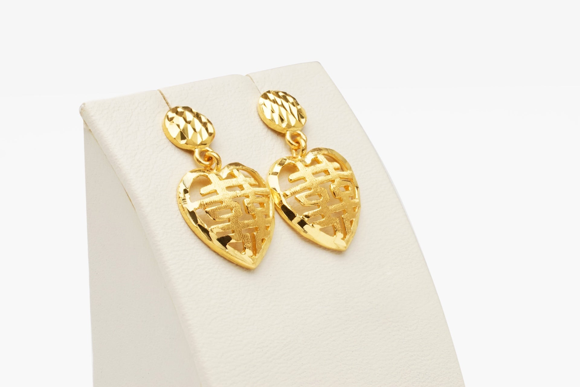 24K Pure Gold Double Happiness Heart Drop Earrings