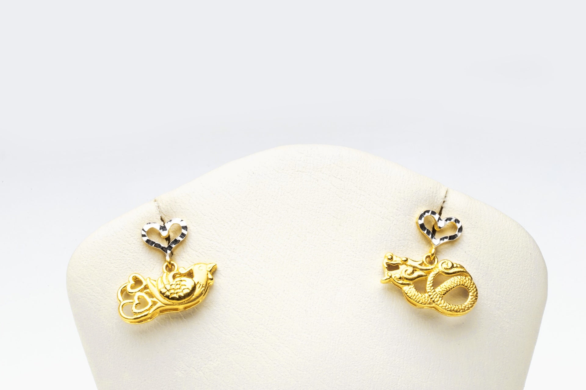 24K Pure Gold Dragon & Phoenix Heart Earrings