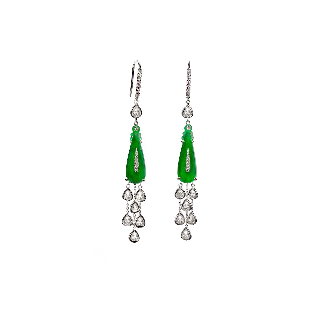 Icy Green Jadeite & Cascading Diamond Drop Earrings D4-013