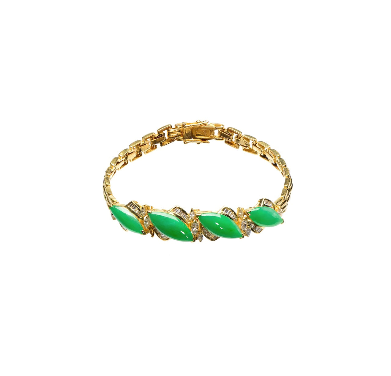 Marquise Green Jadeite & Diamond Yellow Gold Statement Bracelet D4-005