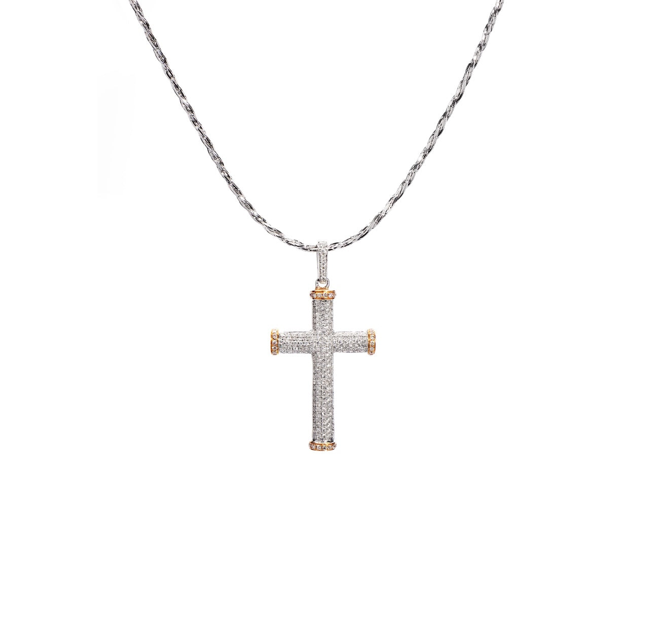 Two-Tone Domed Round Diamond Cross Pendant D3-040