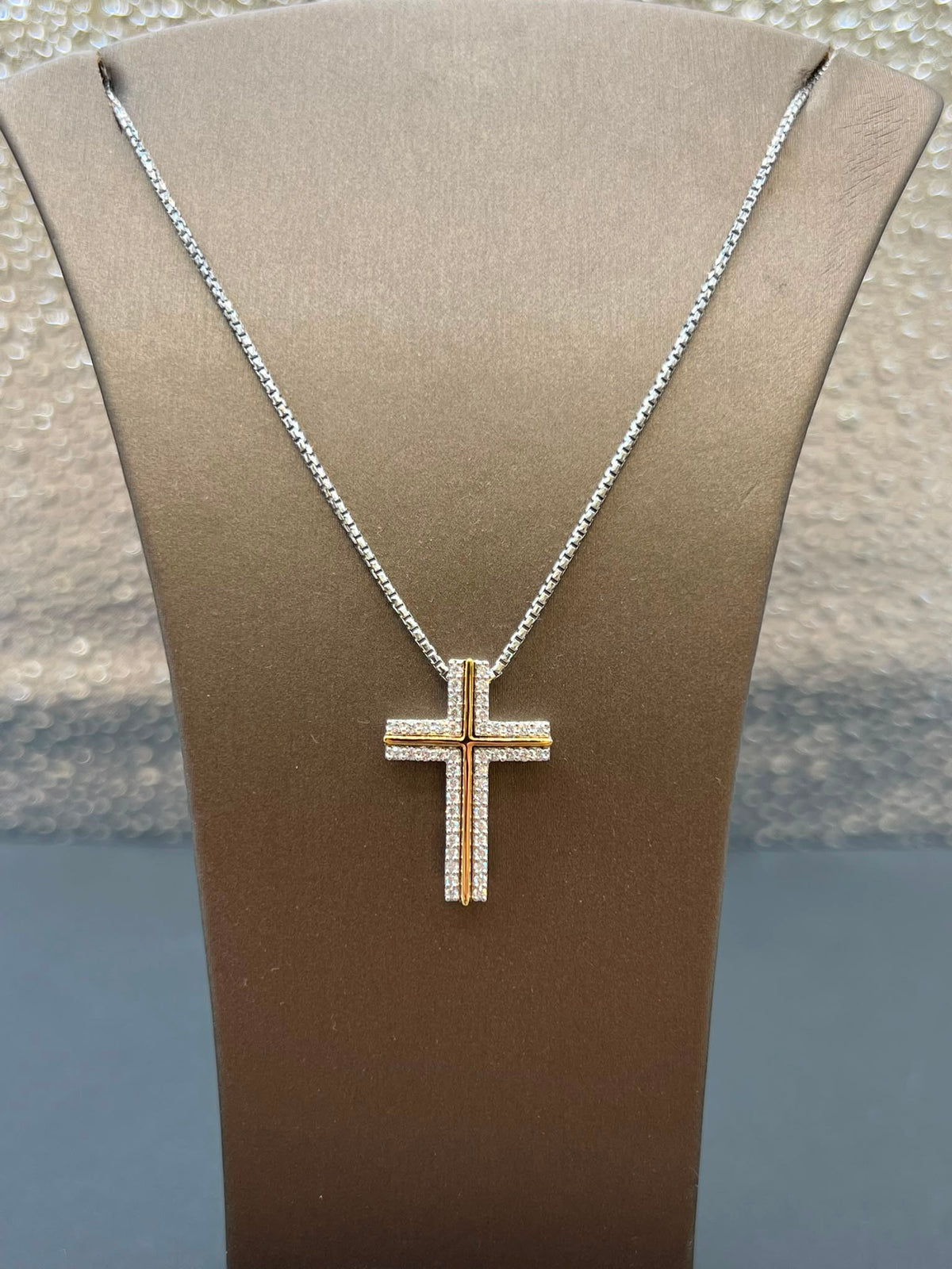 18K Two-Tone Gold Layered Diamond Cross Necklace