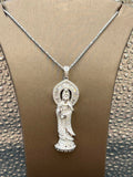 18K White Gold Guan Yin Diamond Halo Pendant Necklace
